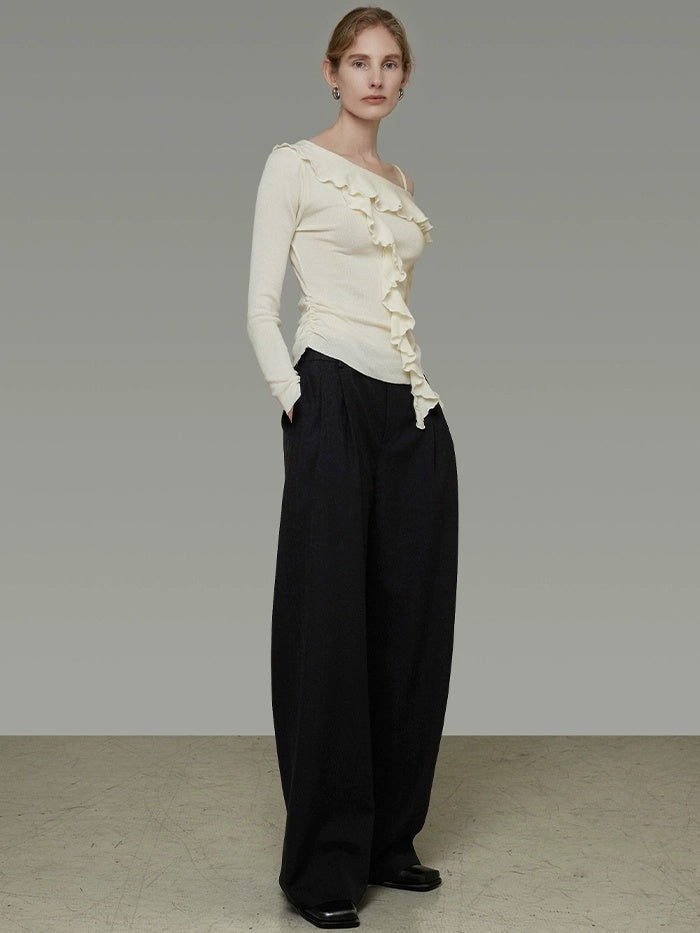 UNSPOKEN Soft Polyester Blend Asymmetrical Neck Ruffle Slim Fit Workwear Women Knit Top