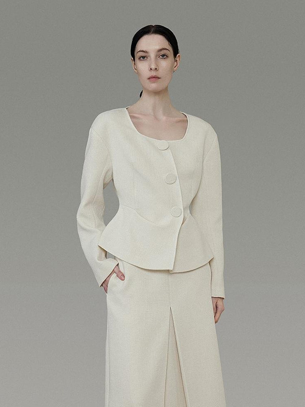 UNSPOKEN Soft Polyester Wool Blend Slim Fit Button Front Long Sleeve Office Ivory Blouse