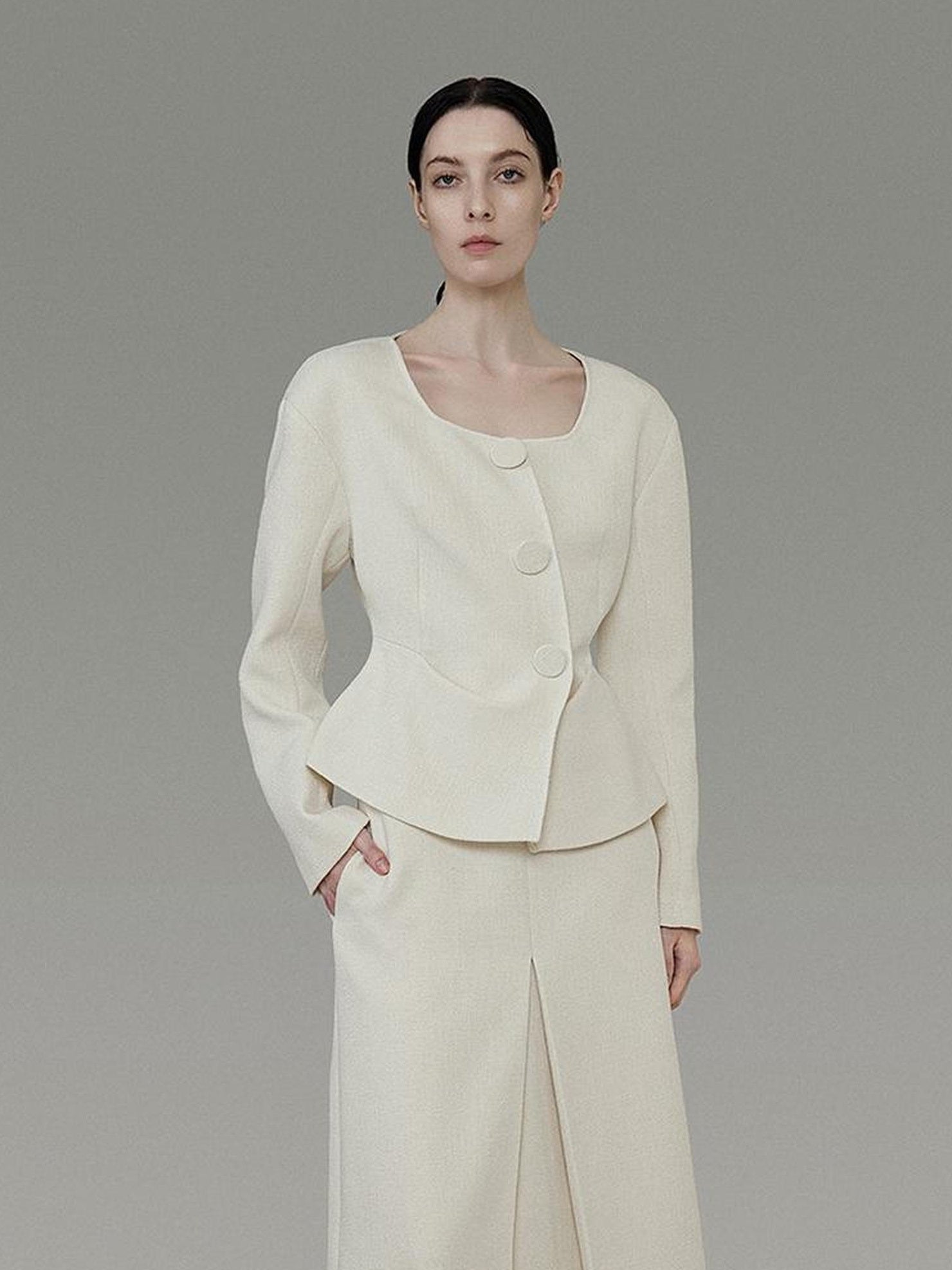 UNSPOKEN Soft Polyester Wool Blend Slim Fit Button Front Long Sleeve Office Ivory Blouse