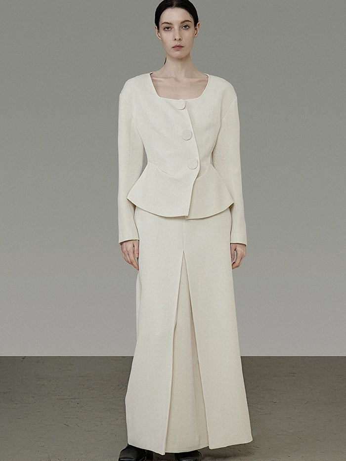 UNSPOKEN Soft Polyester Wool Blend Slim Fit Button Front Long Sleeve Office Ivory Blouse