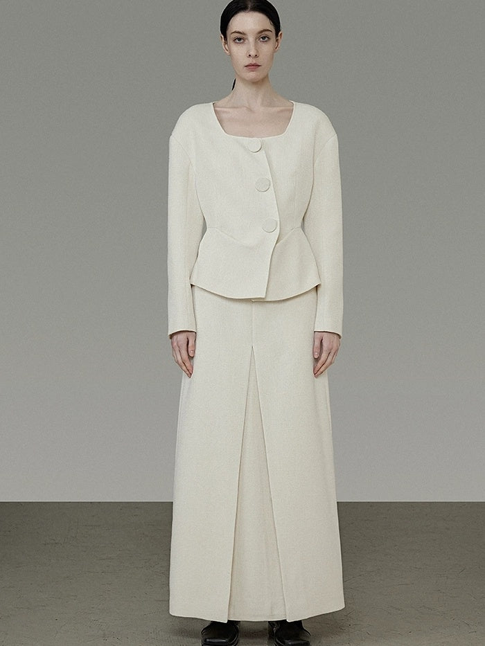 UNSPOKEN Soft Polyester Wool Blend Slim Fit Button Front Long Sleeve Office Ivory Blouse