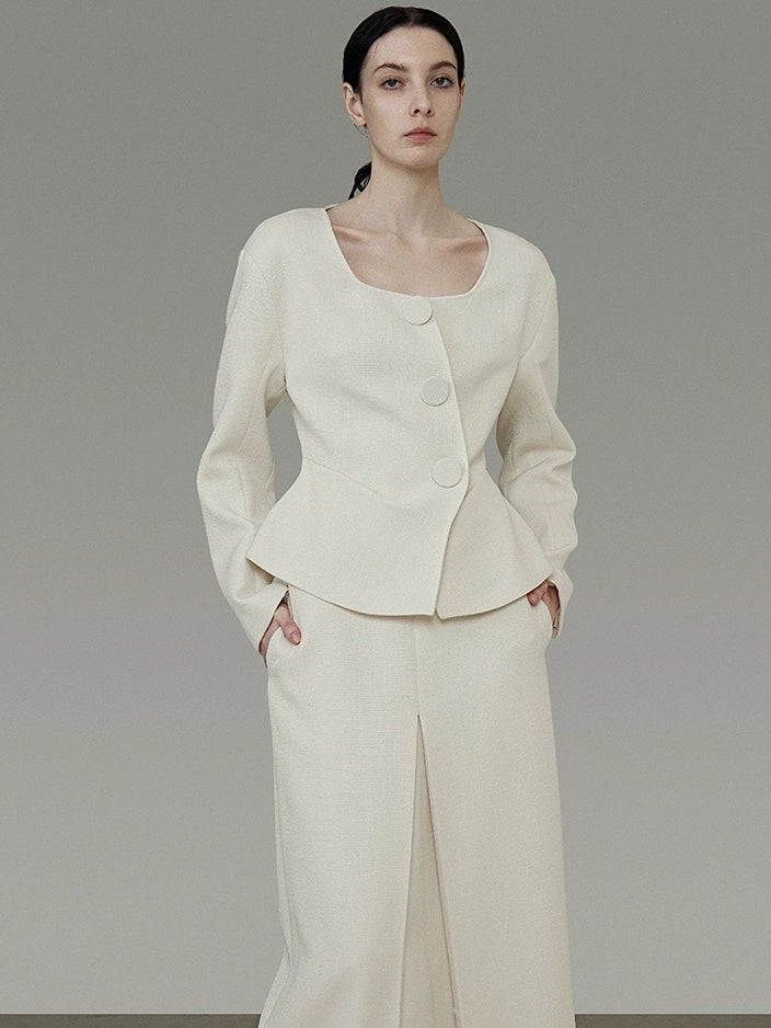 UNSPOKEN Soft Polyester Wool Blend Slim Fit Button Front Long Sleeve Office Ivory Blouse