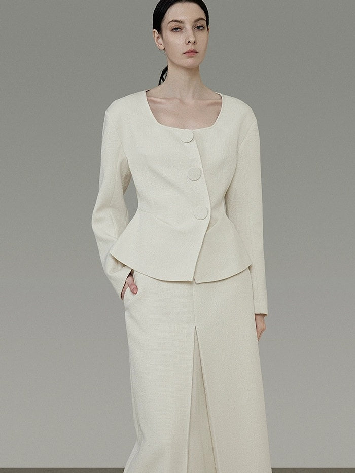 UNSPOKEN Soft Polyester Wool Blend Slim Fit Button Front Long Sleeve Office Ivory Blouse