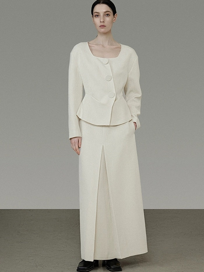 UNSPOKEN Soft Polyester Wool Blend Slim Fit Button Front Long Sleeve Office Ivory Blouse