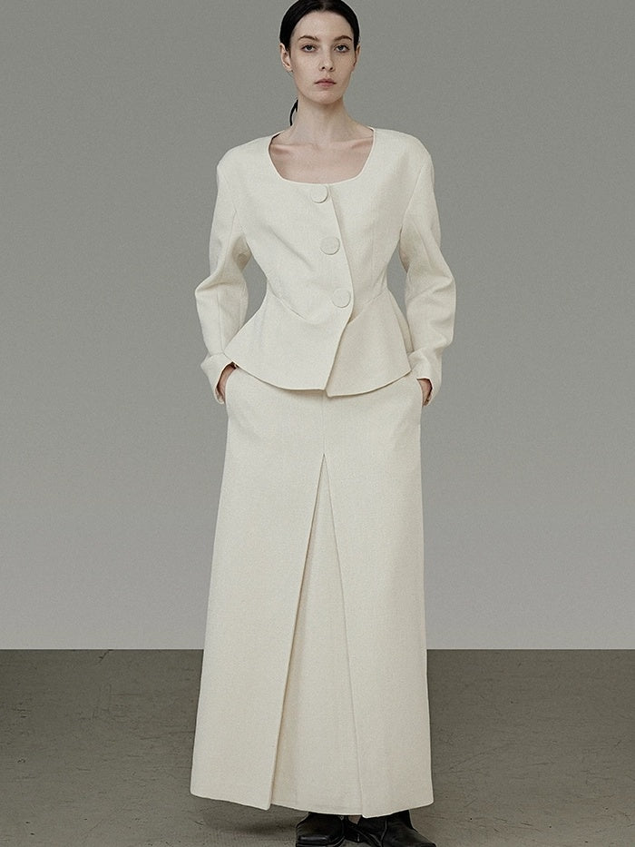 UNSPOKEN Soft Polyester Wool Blend Slim Fit Button Front Long Sleeve Office Ivory Blouse