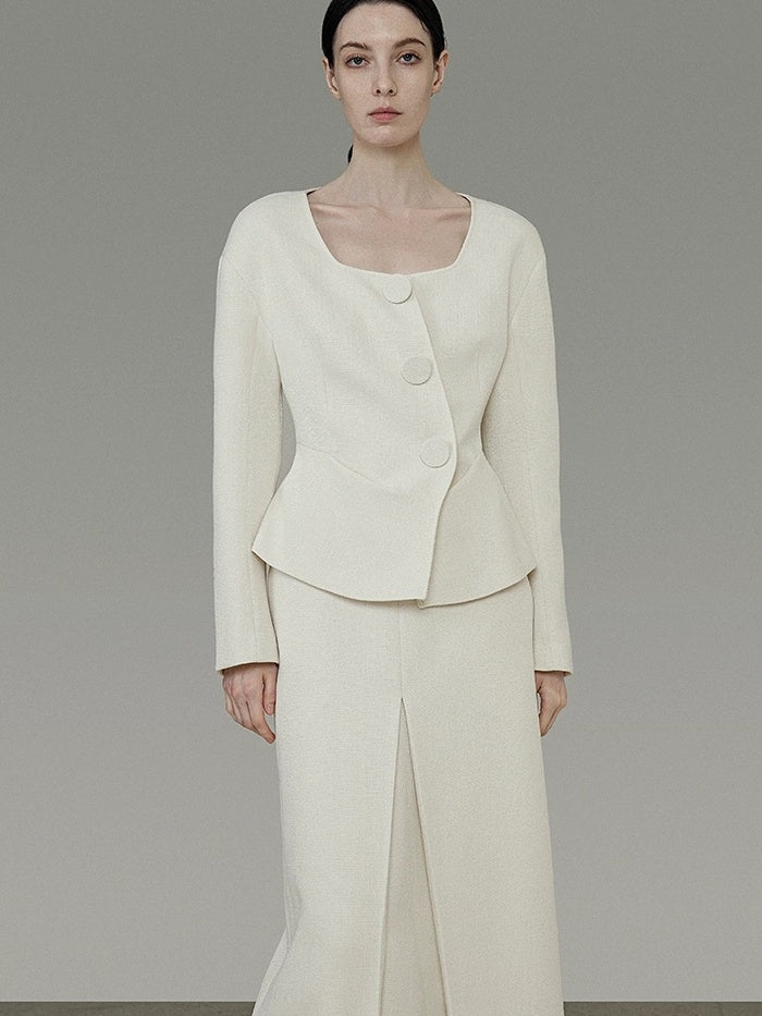 UNSPOKEN Soft Polyester Wool Blend Slim Fit Button Front Long Sleeve Office Ivory Blouse