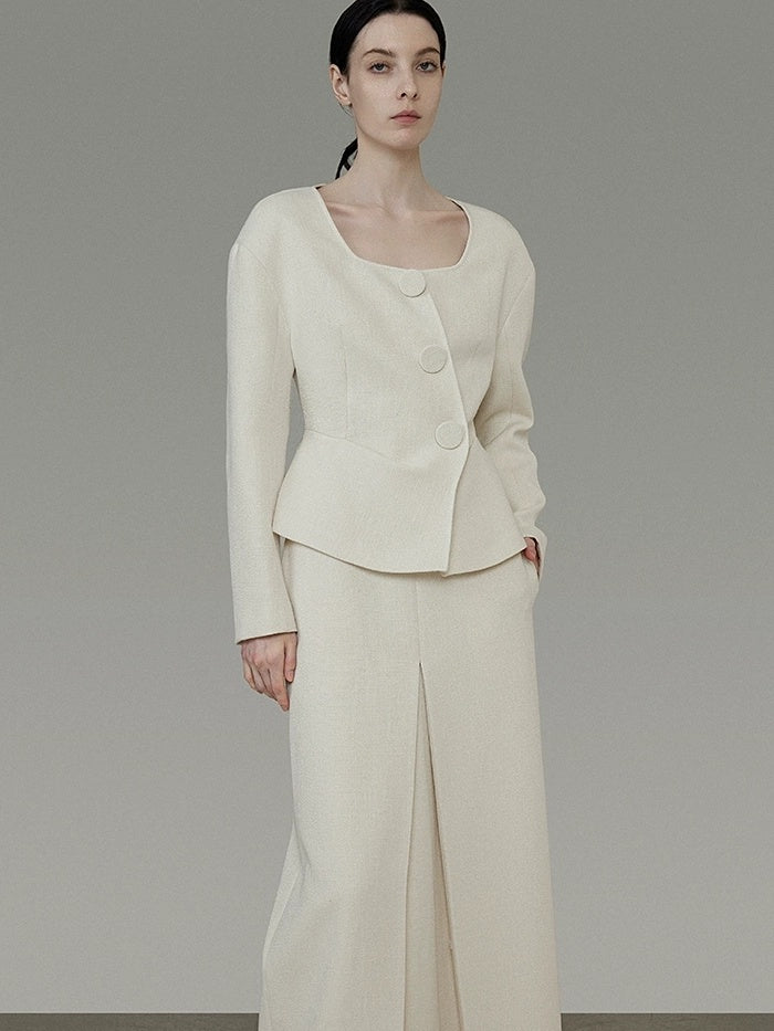 UNSPOKEN Soft Polyester Wool Blend Slim Fit Button Front Long Sleeve Office Ivory Blouse