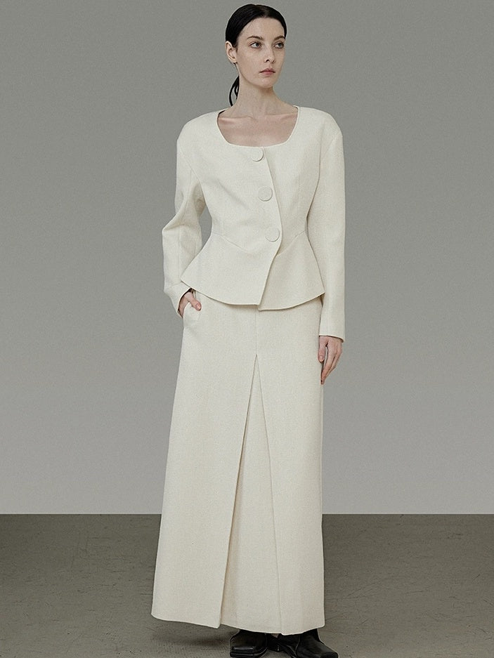 UNSPOKEN Soft Polyester Wool Blend Slim Fit Button Front Long Sleeve Office Ivory Blouse