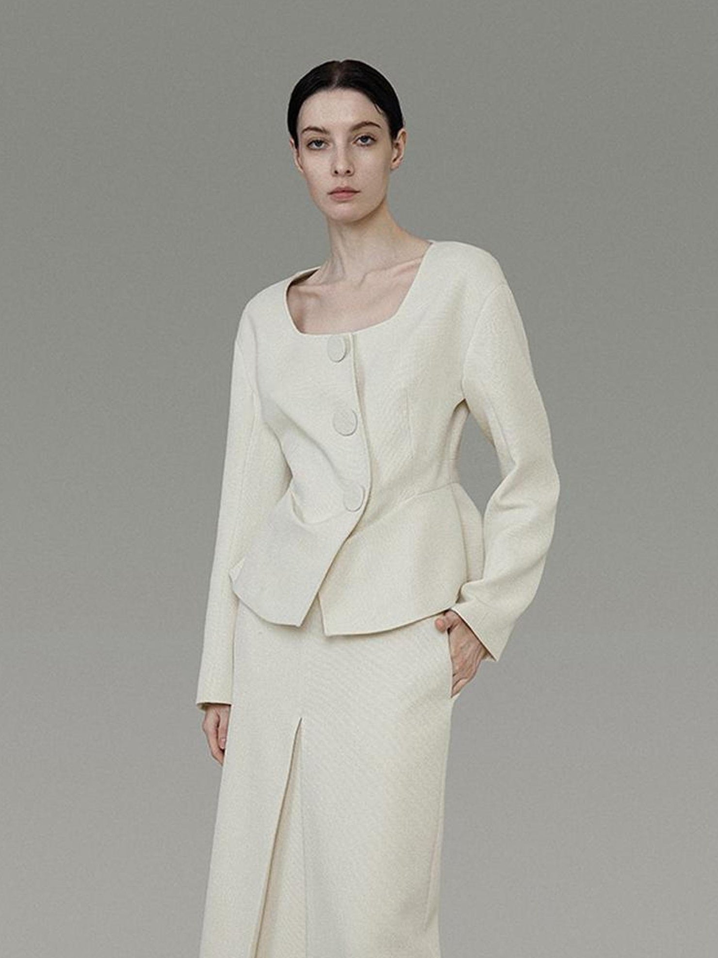 UNSPOKEN Soft Polyester Wool Blend Slim Fit Button Front Long Sleeve Office Ivory Blouse