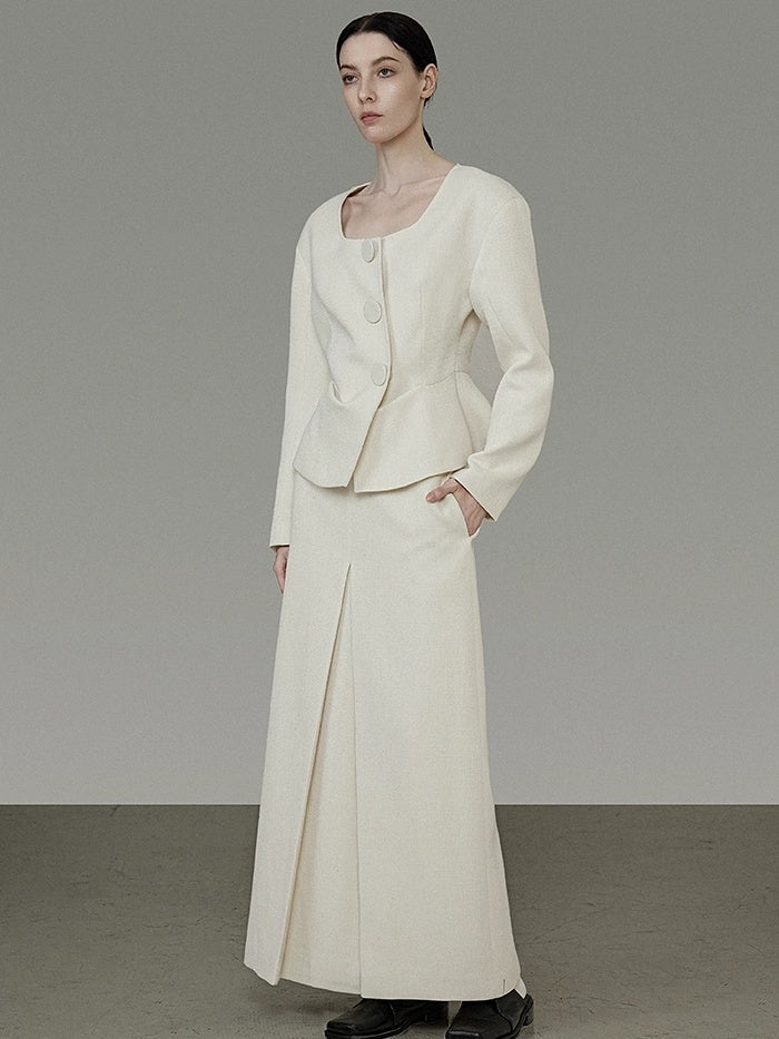 UNSPOKEN Soft Polyester Wool Blend Slim Fit Button Front Long Sleeve Office Ivory Blouse