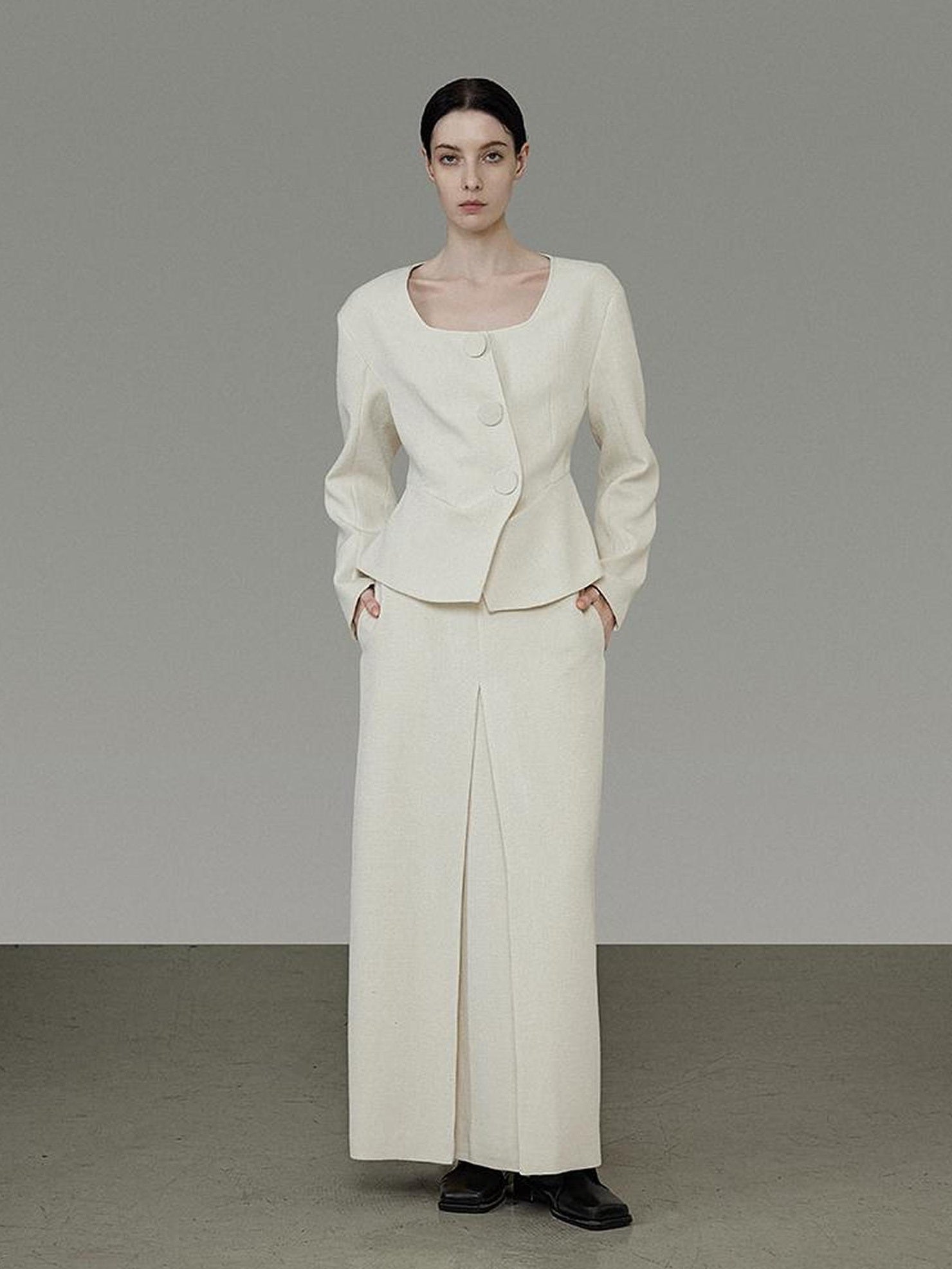 UNSPOKEN Soft Polyester Wool Blend Slim Fit Button Front Long Sleeve Office Ivory Blouse