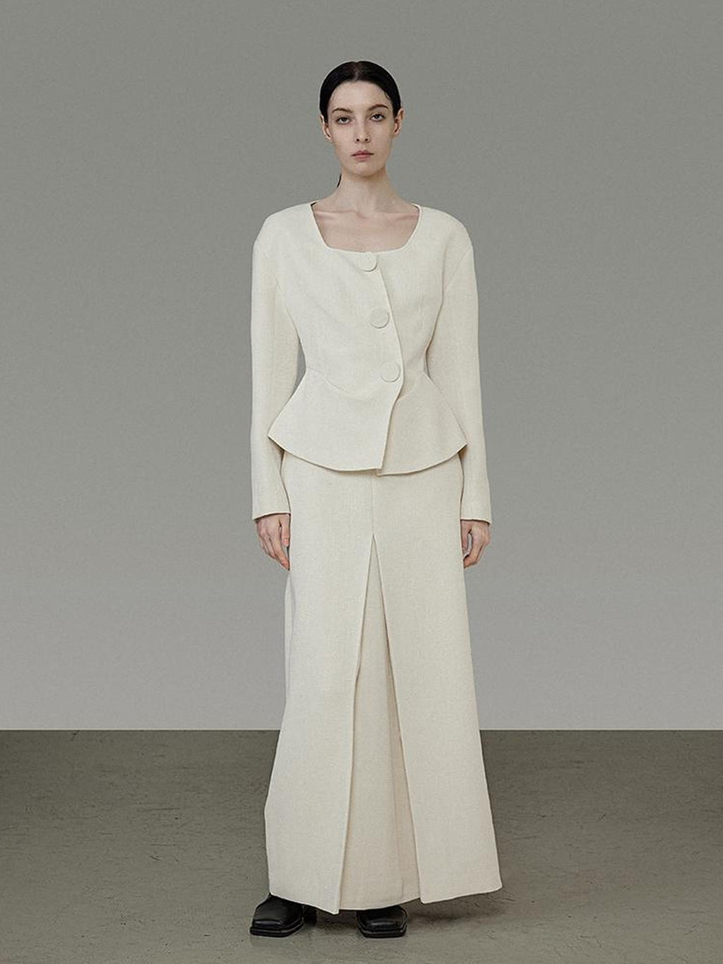 UNSPOKEN Soft Polyester Wool Blend Slim Fit Button Front Long Sleeve Office Ivory Blouse