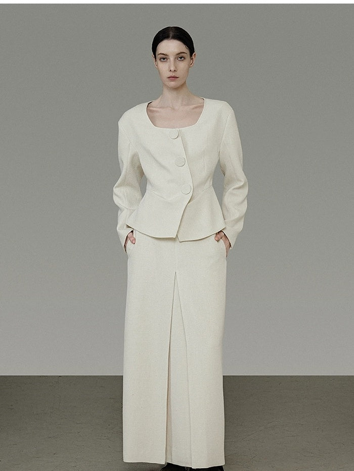 UNSPOKEN Soft Polyester Wool Blend Slim Fit Button Front Long Sleeve Office Ivory Blouse