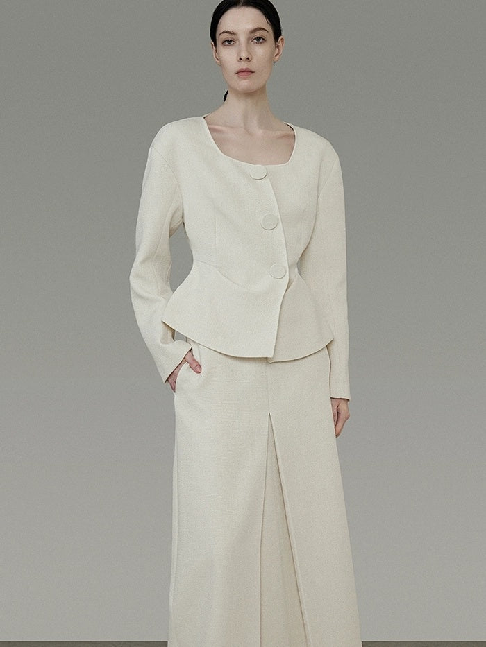 UNSPOKEN Soft Polyester Wool Blend Slim Fit Button Front Long Sleeve Office Ivory Blouse