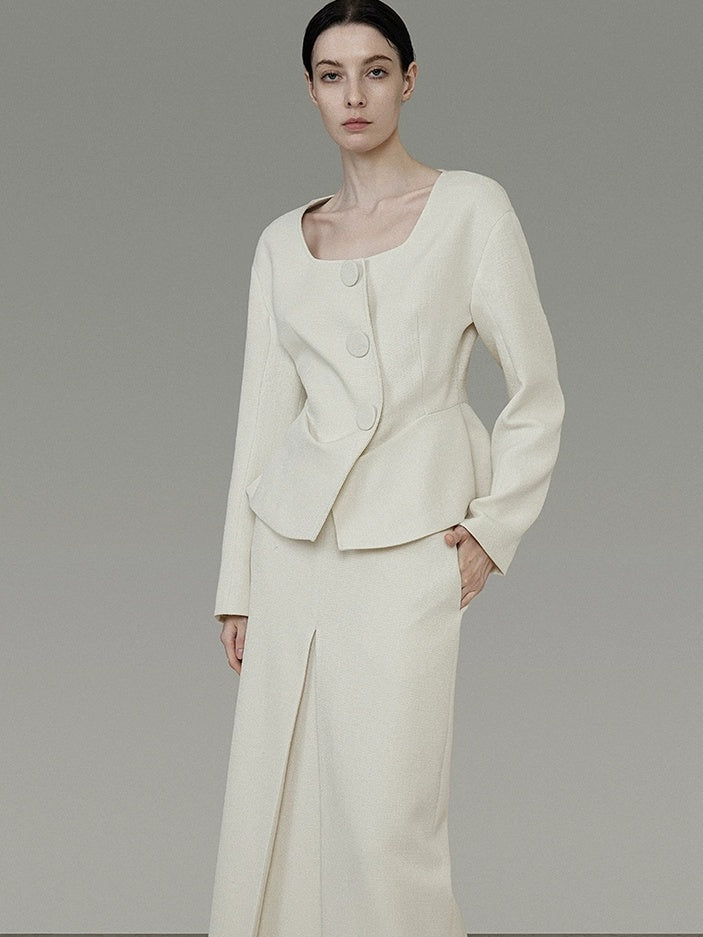 UNSPOKEN Soft Polyester Wool Blend Slim Fit Button Front Long Sleeve Office Ivory Blouse