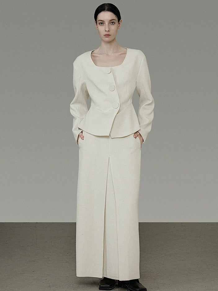 UNSPOKEN Soft Polyester Wool Blend Slim Fit Button Front Long Sleeve Office Ivory Blouse