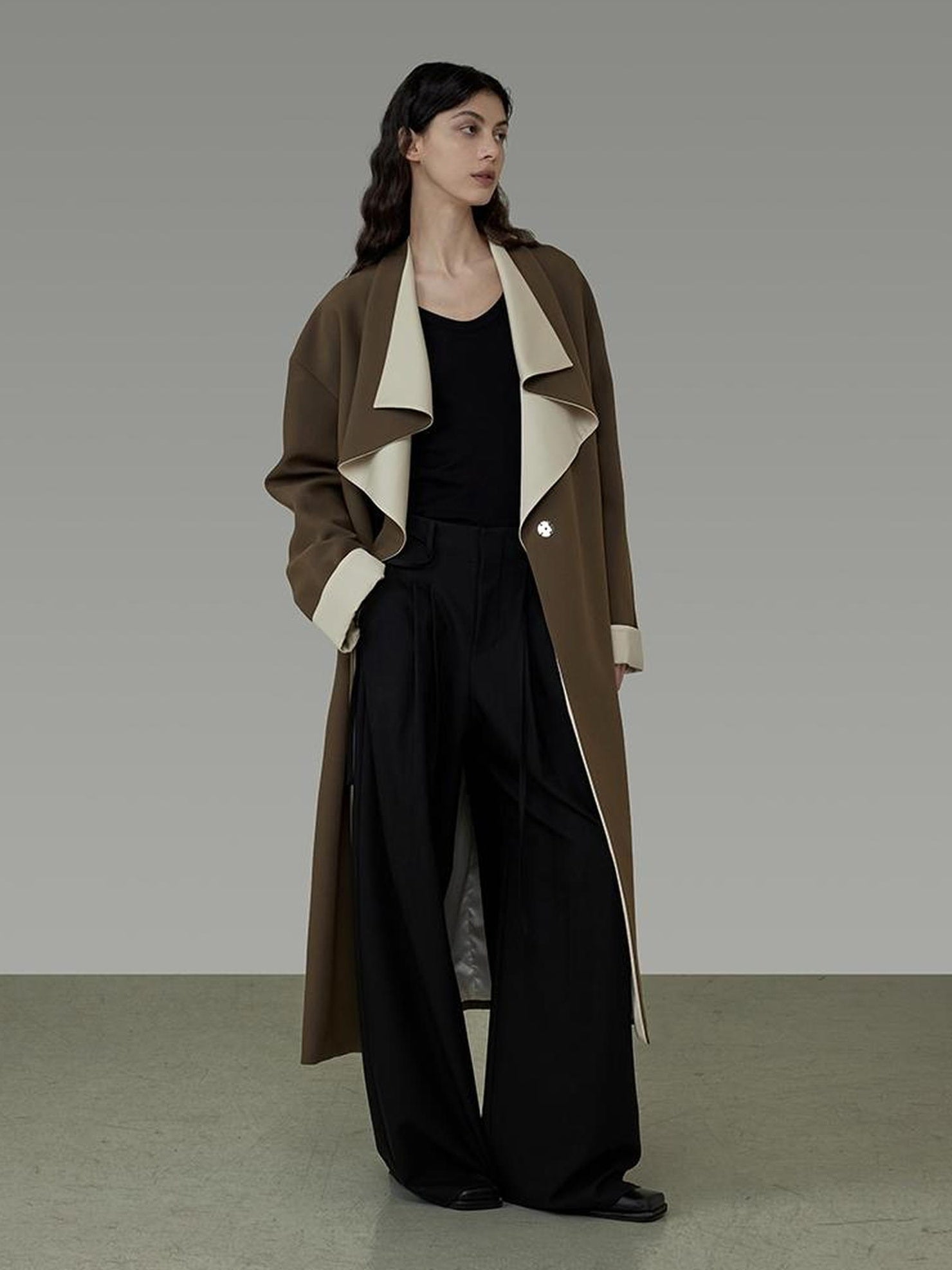 UNSPOKEN Soft Stretch Polyester Viscose Minimalist Loose Fit Office Green Long Coat