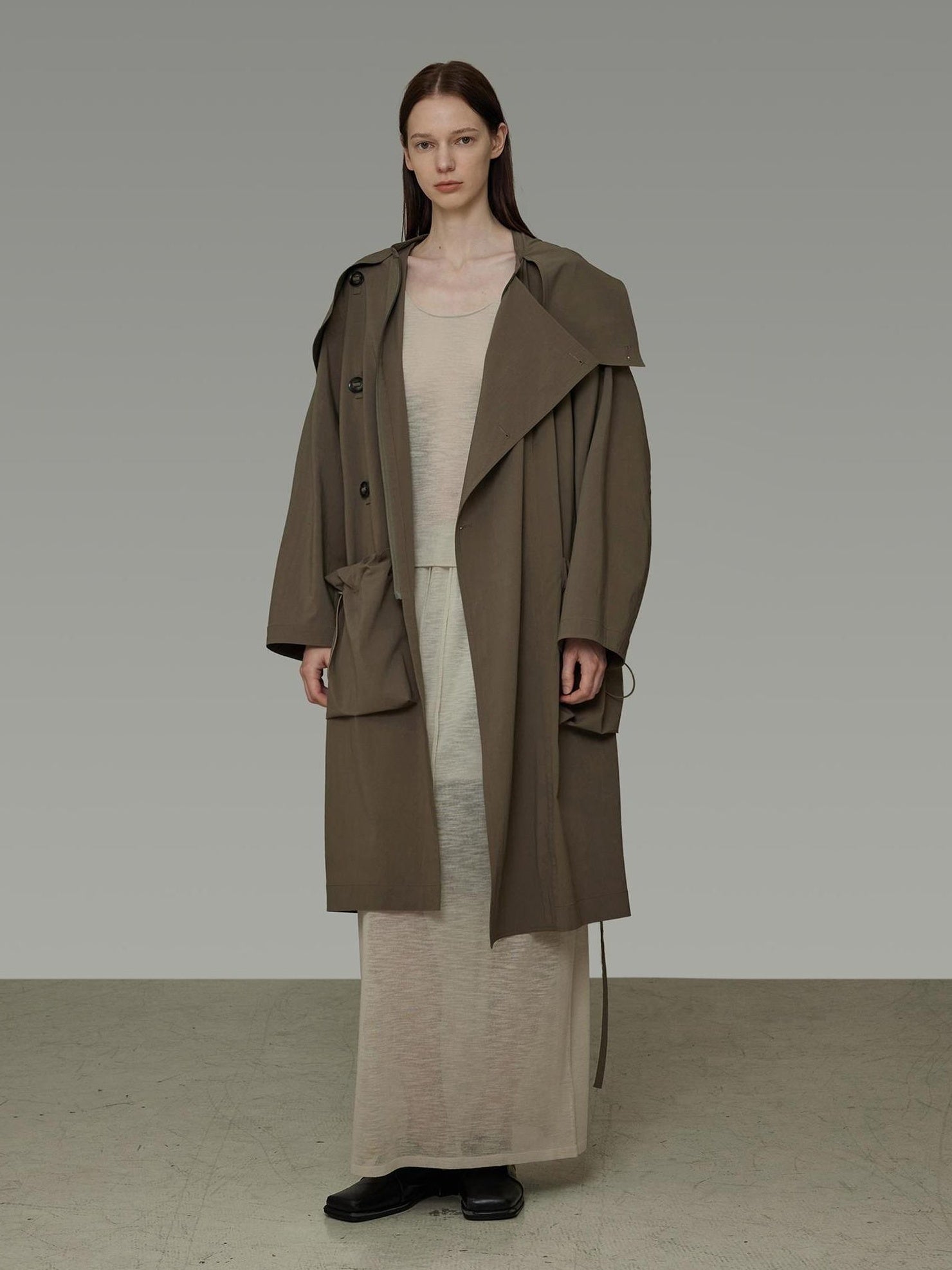 UNSPOKEN Soft Viscose Stretch Loose Fit Mid Length Single Breasted Office Brown Coat