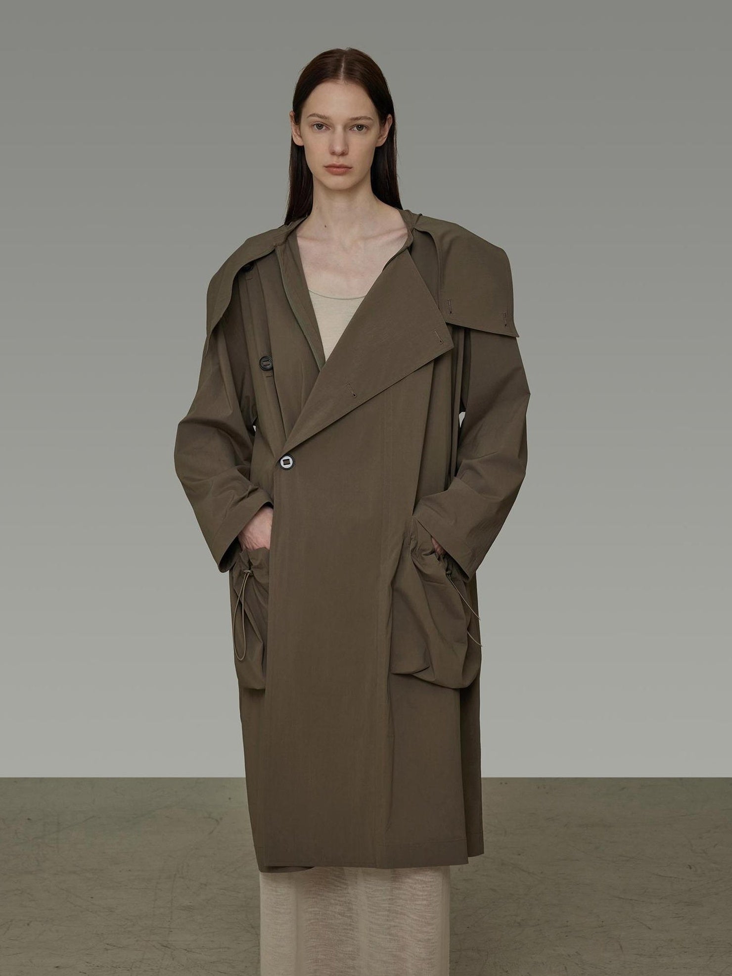 UNSPOKEN Soft Viscose Stretch Loose Fit Mid Length Single Breasted Office Brown Coat