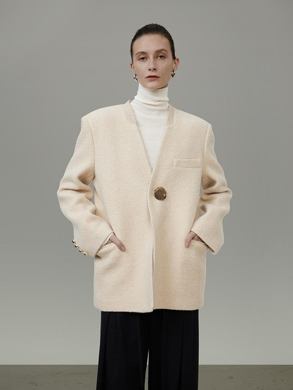 UNSPOKEN Soft Wool Oversized V Neck Single Button Commuter Cream Blazer