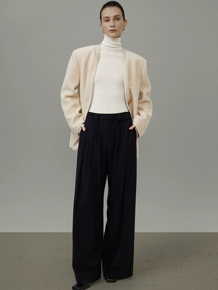 UNSPOKEN Soft Wool Oversized V Neck Single Button Commuter Cream Blazer