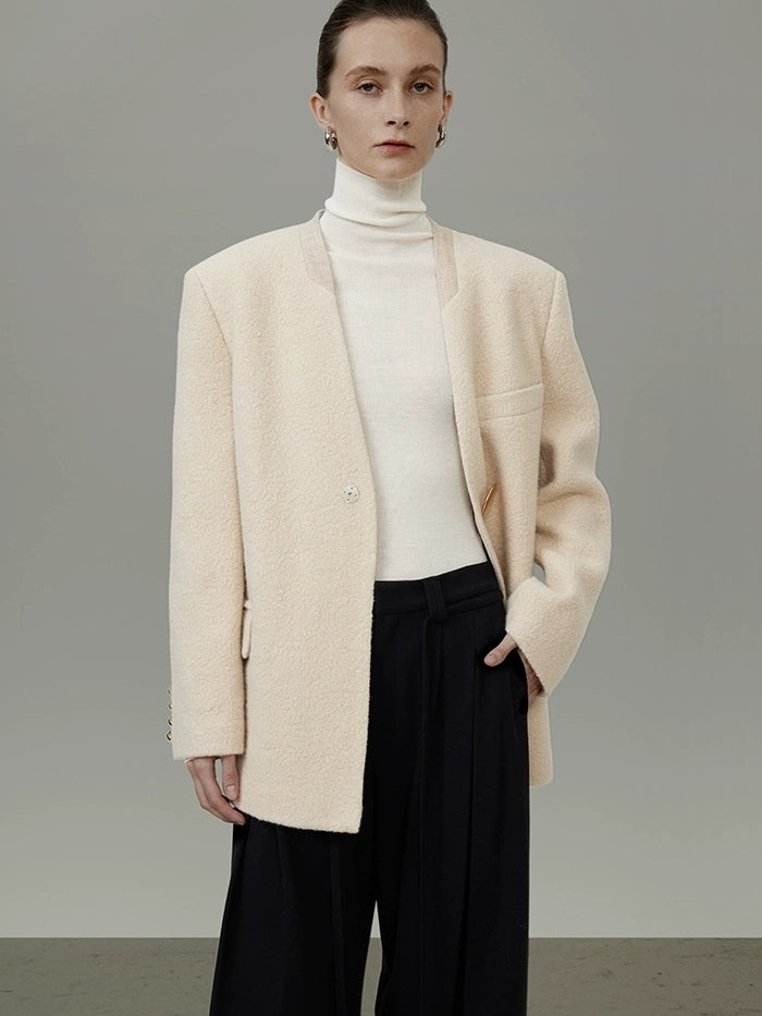 UNSPOKEN Soft Wool Oversized V Neck Single Button Commuter Cream Blazer