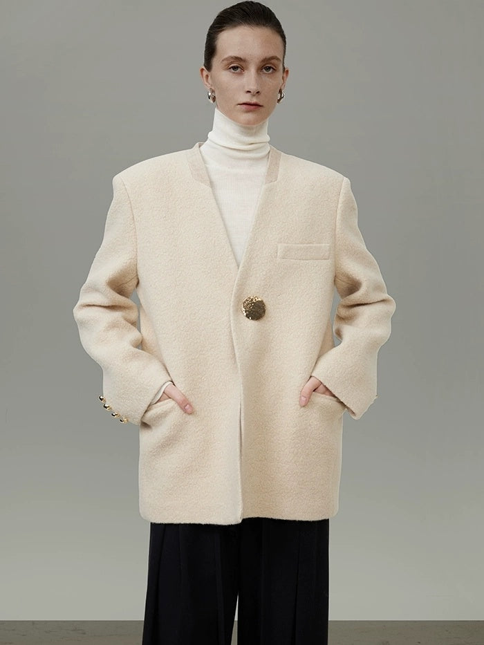 UNSPOKEN Soft Wool Oversized V Neck Single Button Commuter Cream Blazer