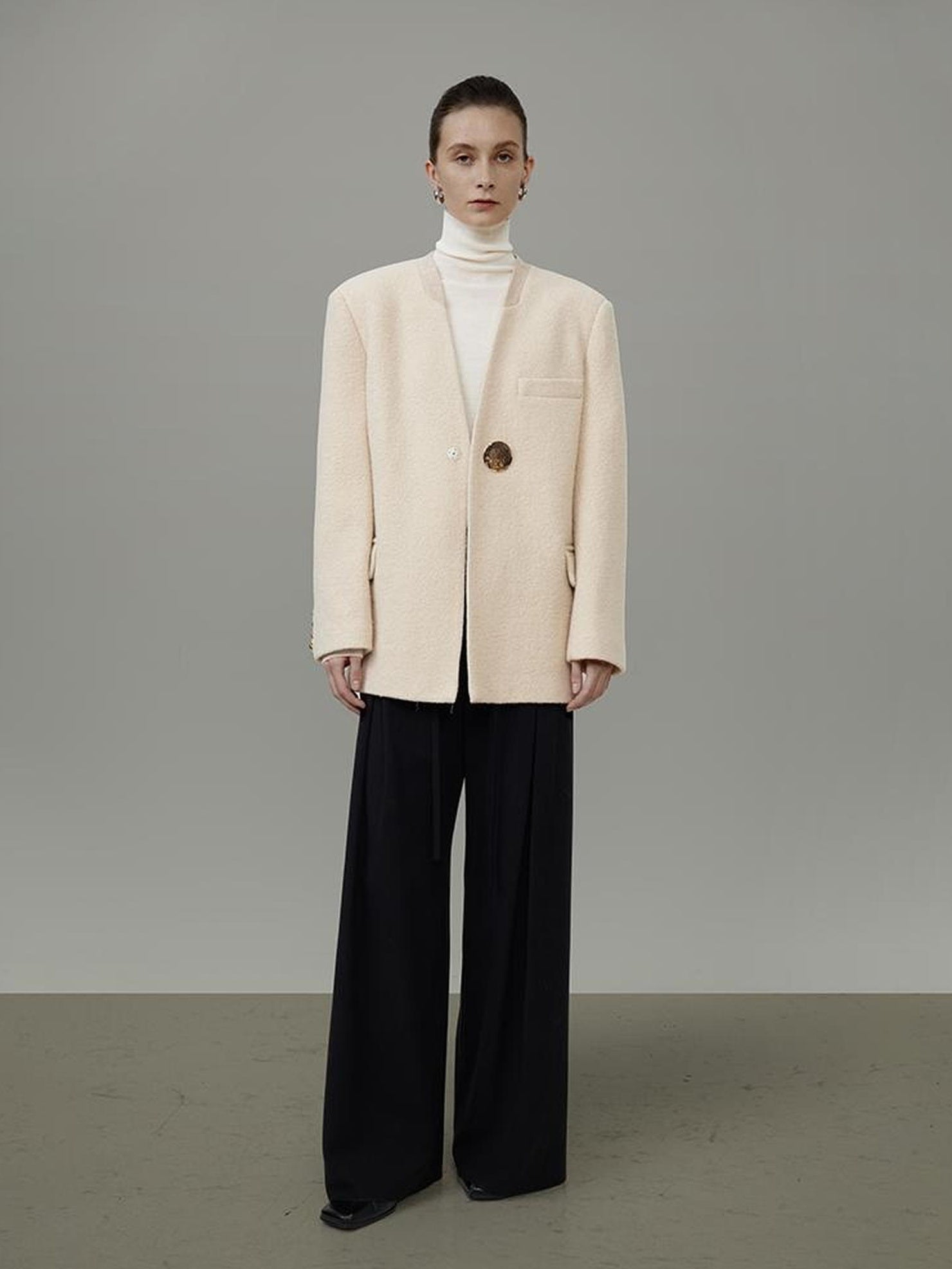 UNSPOKEN Soft Wool Oversized V Neck Single Button Commuter Cream Blazer