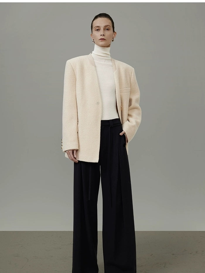 UNSPOKEN Soft Wool Oversized V Neck Single Button Commuter Cream Blazer