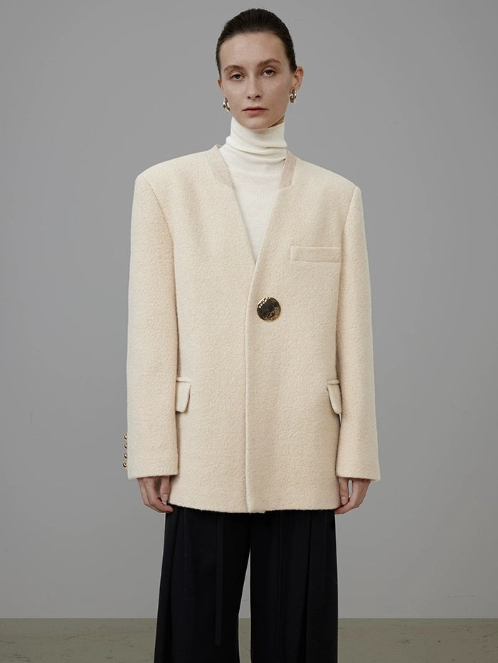 UNSPOKEN Soft Wool Oversized V Neck Single Button Commuter Cream Blazer