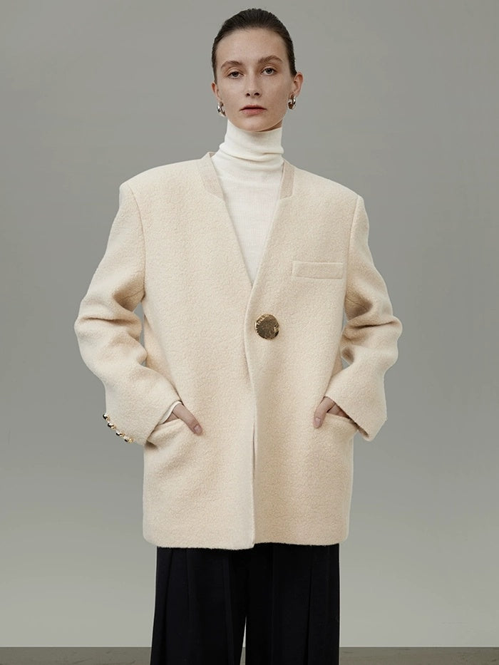 UNSPOKEN Soft Wool Oversized V Neck Single Button Commuter Cream Blazer