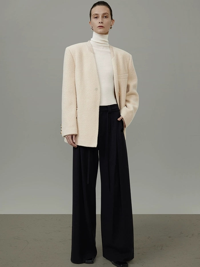 UNSPOKEN Soft Wool Oversized V Neck Single Button Commuter Cream Blazer