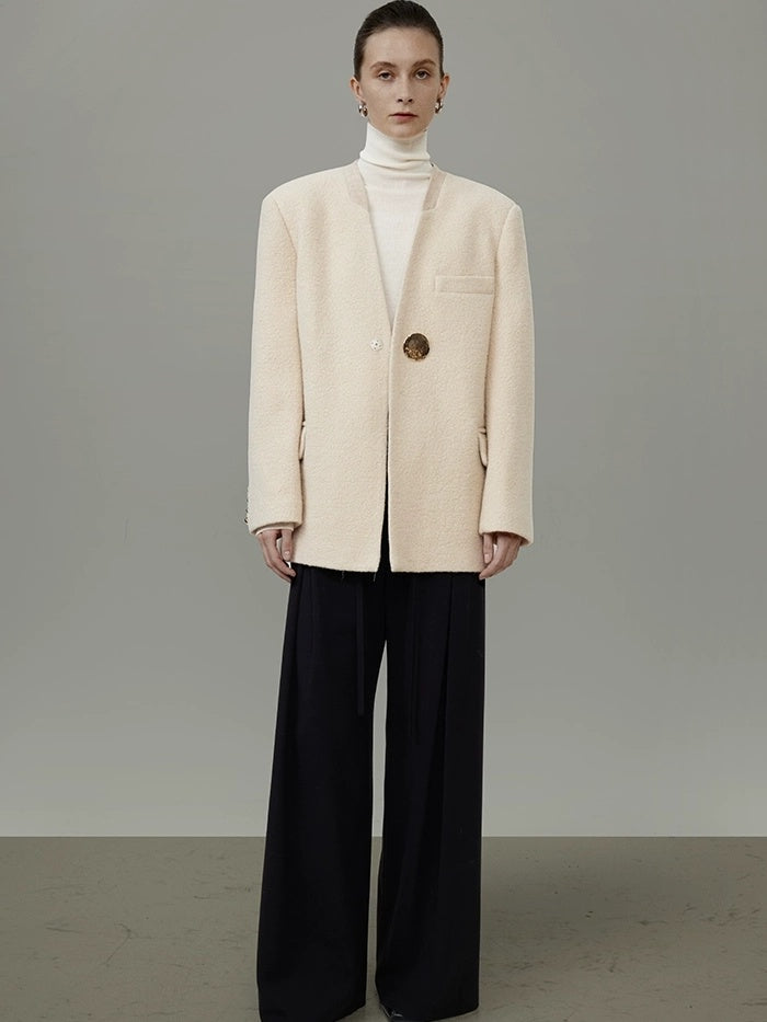 UNSPOKEN Soft Wool Oversized V Neck Single Button Commuter Cream Blazer