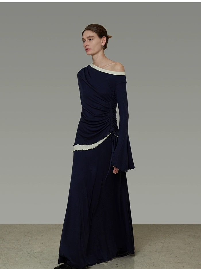 UNSPOKEN Tencel Slight Stretch Slim Fit Round Neck Hem Detail Women Navy Knit Top