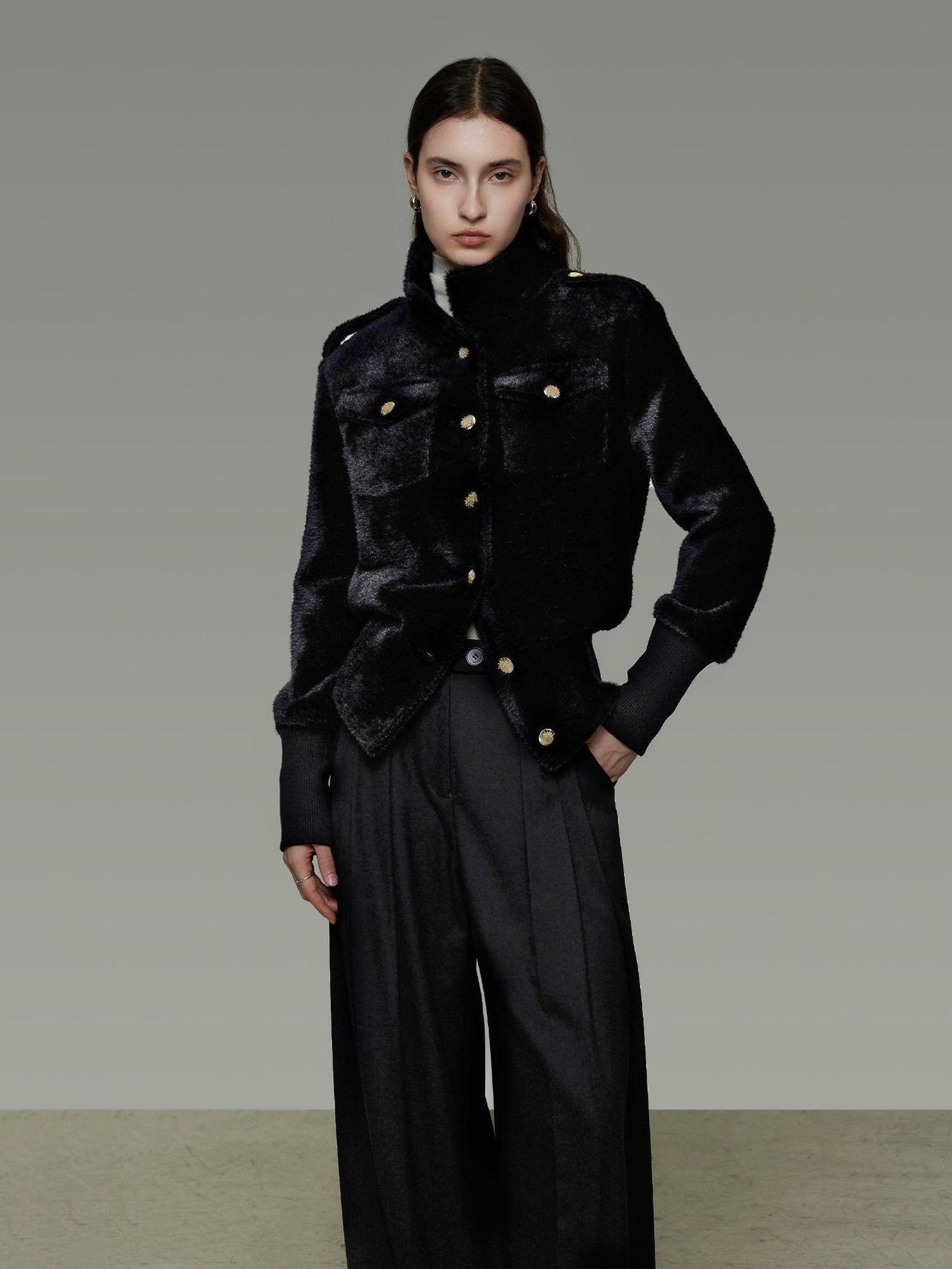 UNSPOKEN Thick Structured Slim Fit Stand Collar Single Breasted Womens Black Nylon Jacket