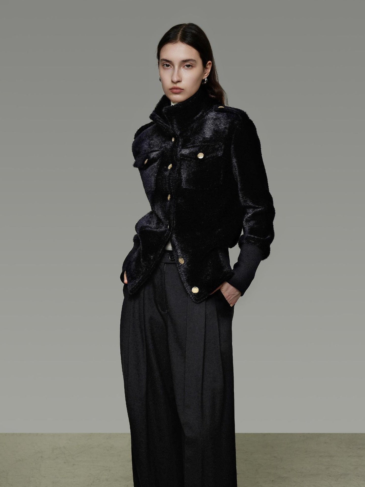 UNSPOKEN Thick Structured Slim Fit Stand Collar Single Breasted Womens Black Nylon Jacket