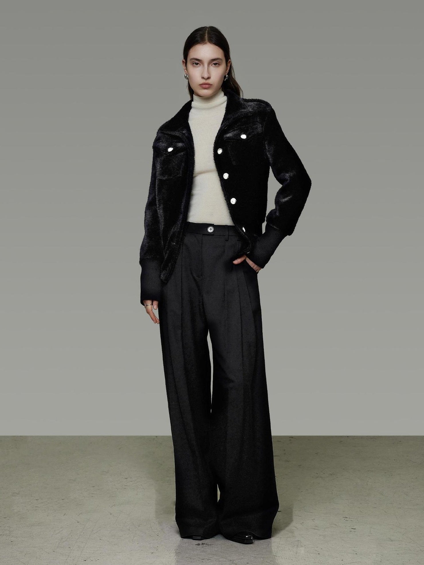 UNSPOKEN Thick Structured Slim Fit Stand Collar Single Breasted Womens Black Nylon Jacket