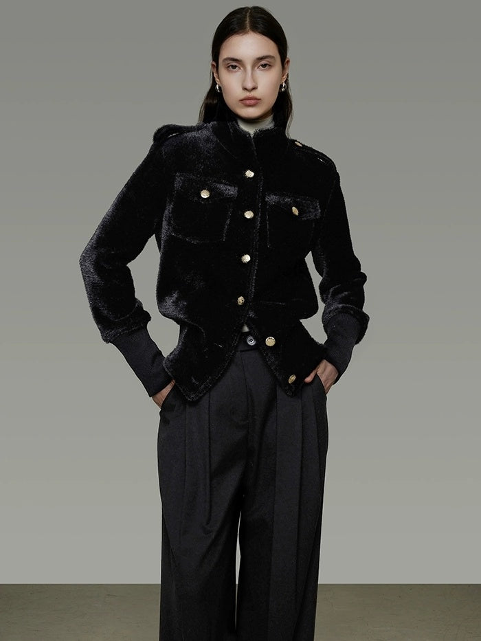 UNSPOKEN Thick Structured Slim Fit Stand Collar Single Breasted Womens Black Nylon Jacket