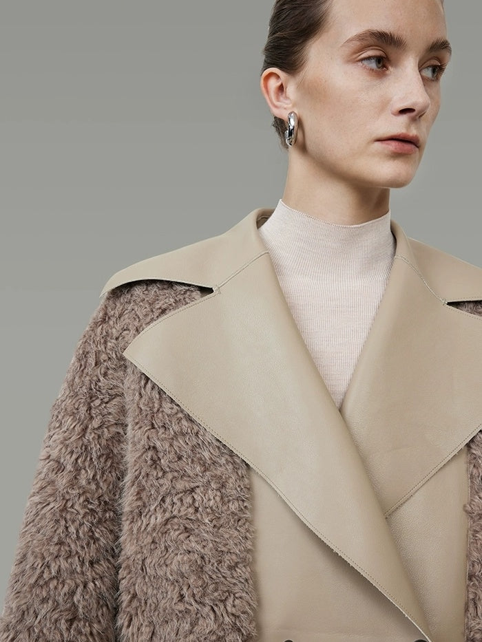 UNSPOKEN Thick Vertical Faux Fur Panels Long Loose Minimalist Workwear Women Beige Coat