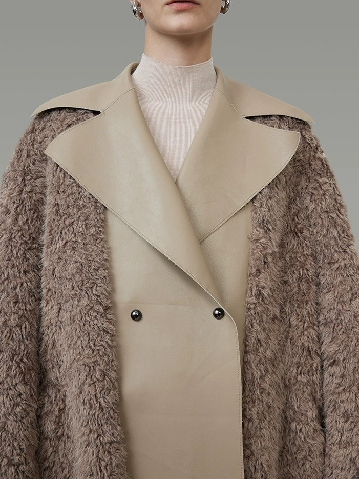 UNSPOKEN Thick Vertical Faux Fur Panels Long Loose Minimalist Workwear Women Beige Coat