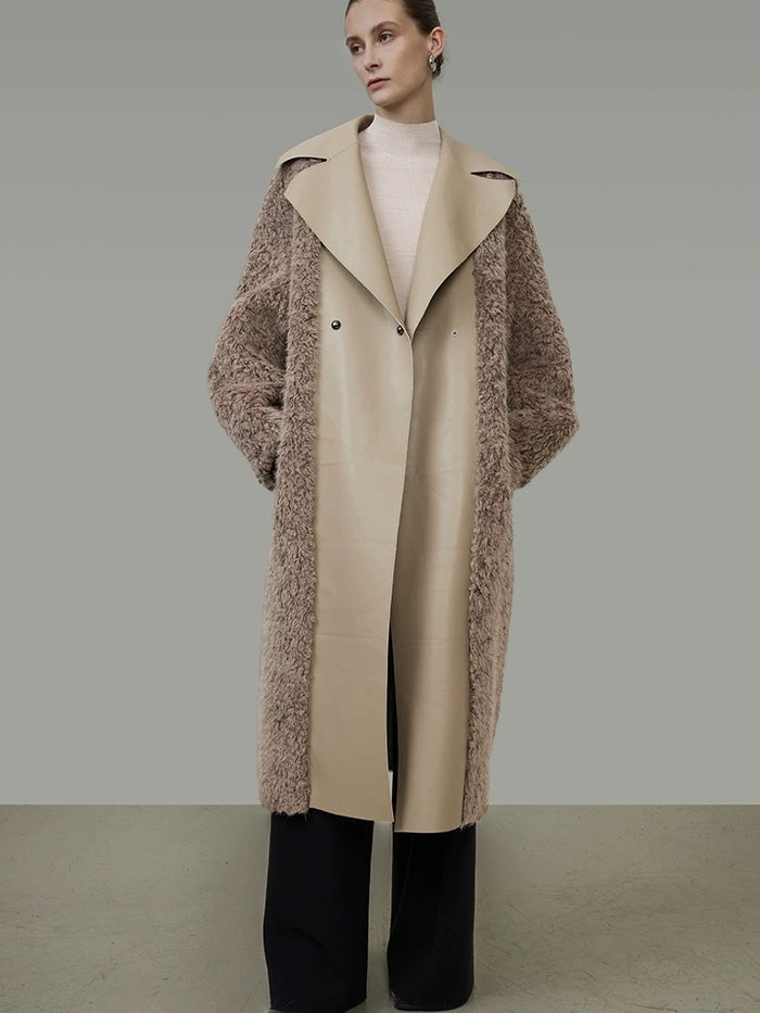 UNSPOKEN Thick Vertical Faux Fur Panels Long Loose Minimalist Workwear Women Beige Coat