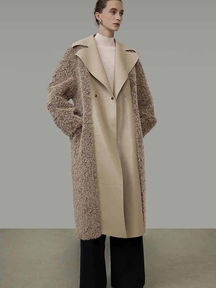 UNSPOKEN Thick Vertical Faux Fur Panels Long Loose Minimalist Workwear Women Beige Coat