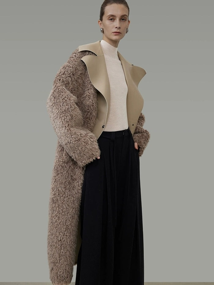 UNSPOKEN Thick Vertical Faux Fur Panels Long Loose Minimalist Workwear Women Beige Coat