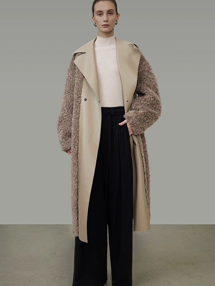 UNSPOKEN Thick Vertical Faux Fur Panels Long Loose Minimalist Workwear Women Beige Coat