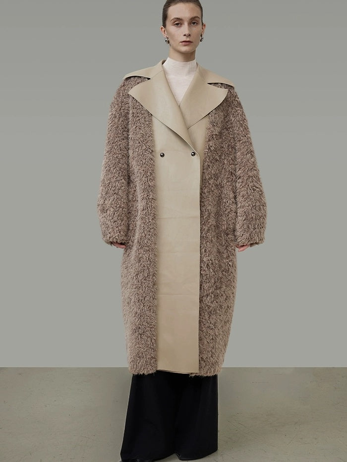 UNSPOKEN Thick Vertical Faux Fur Panels Long Loose Minimalist Workwear Women Beige Coat