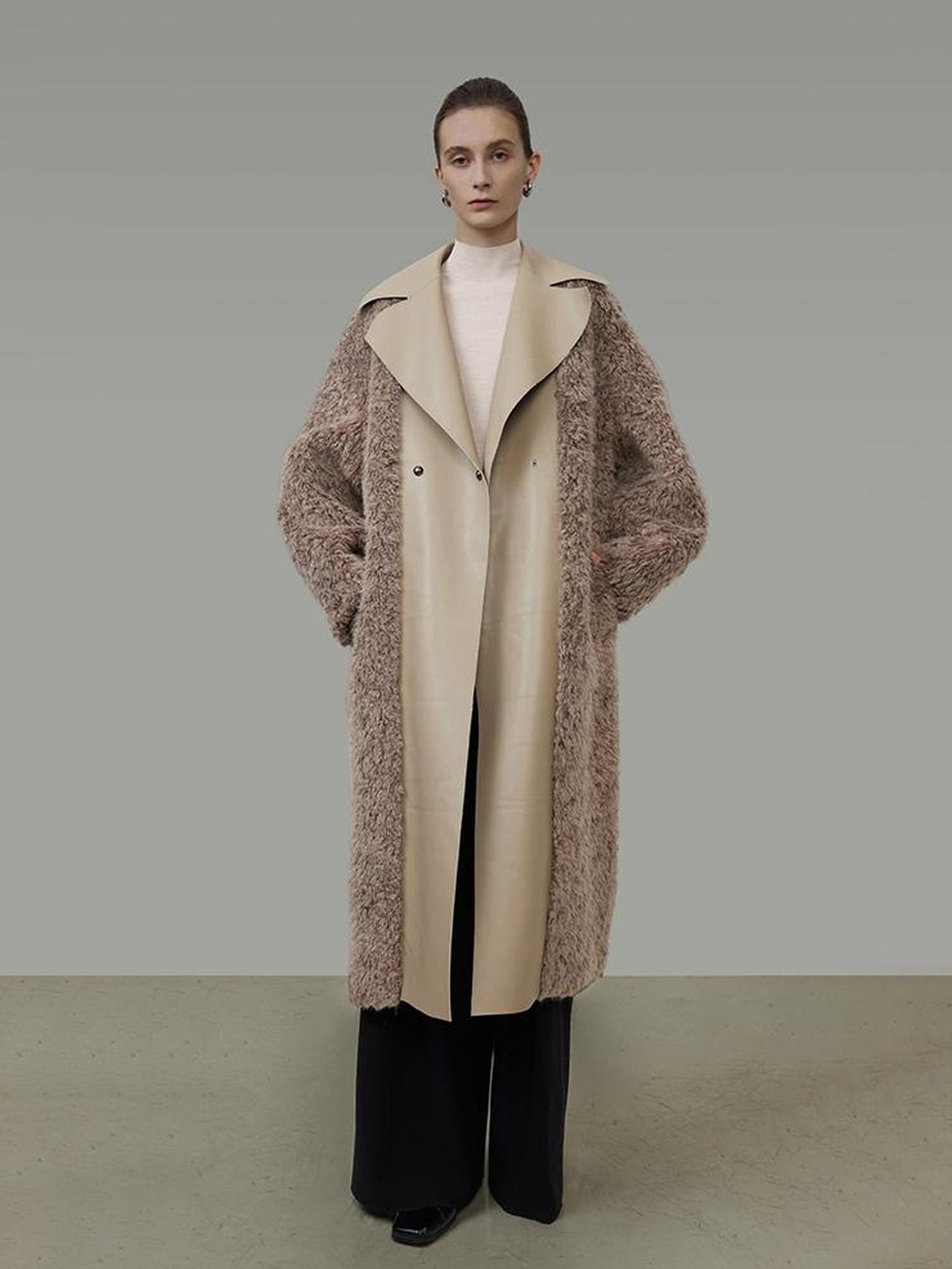 UNSPOKEN Thick Vertical Faux Fur Panels Long Loose Minimalist Workwear Women Beige Coat