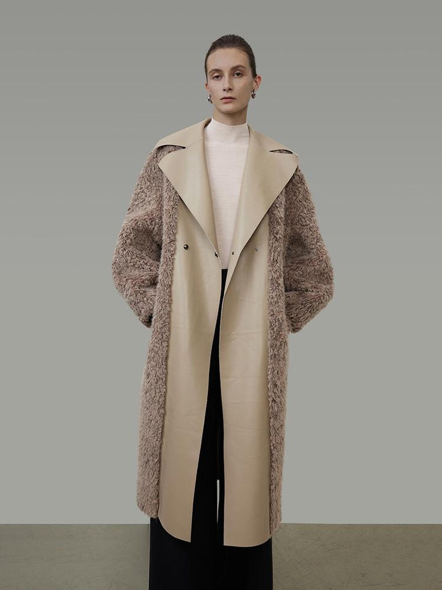 UNSPOKEN Thick Vertical Faux Fur Panels Long Loose Minimalist Workwear Women Beige Coat