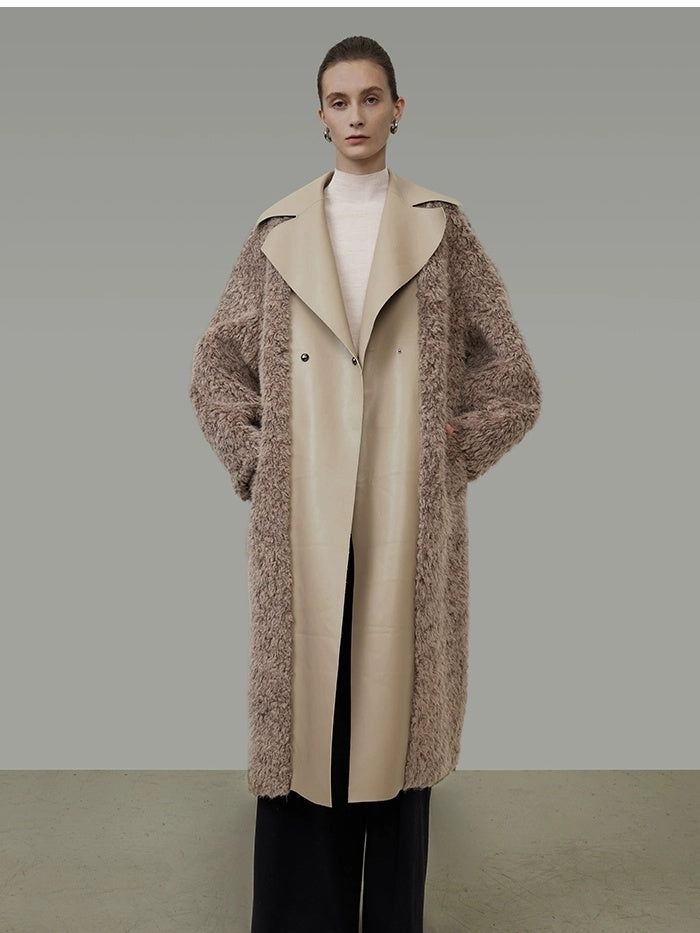 UNSPOKEN Thick Vertical Faux Fur Panels Long Loose Minimalist Workwear Women Beige Coat