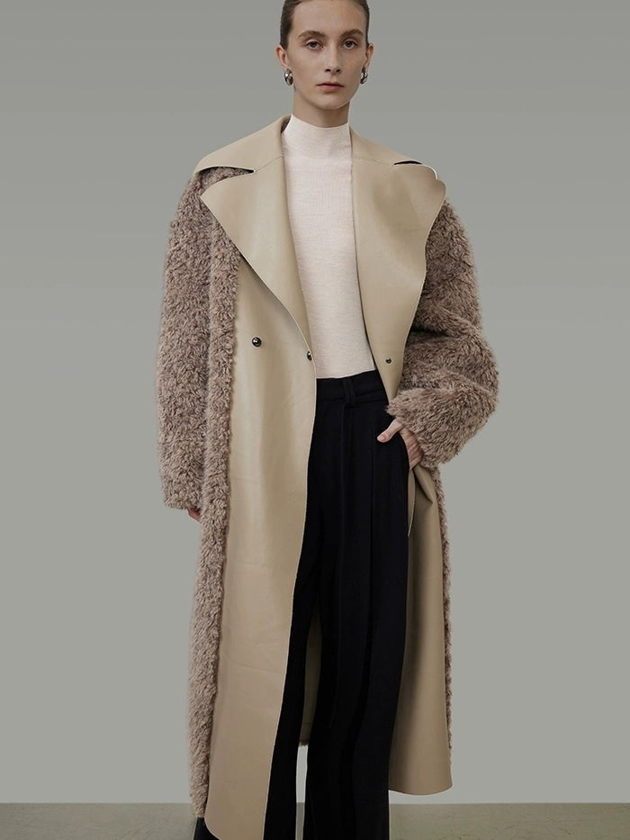 UNSPOKEN Thick Vertical Faux Fur Panels Long Loose Minimalist Workwear Women Beige Coat