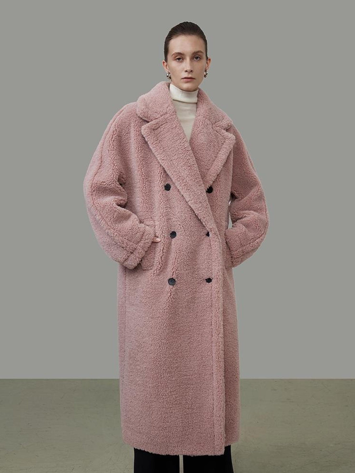 UNSPOKEN Thickened Double Breasted Minimalist Straight Long Women Polyester Nude Pink Coat